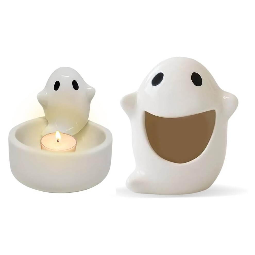 (A) 2 PCS Halloween Ghost Candle Holder, Cute Ghost Candle Holder, Ceramic Tealight Candle Holder, Small Ghost Scented Candle Holder