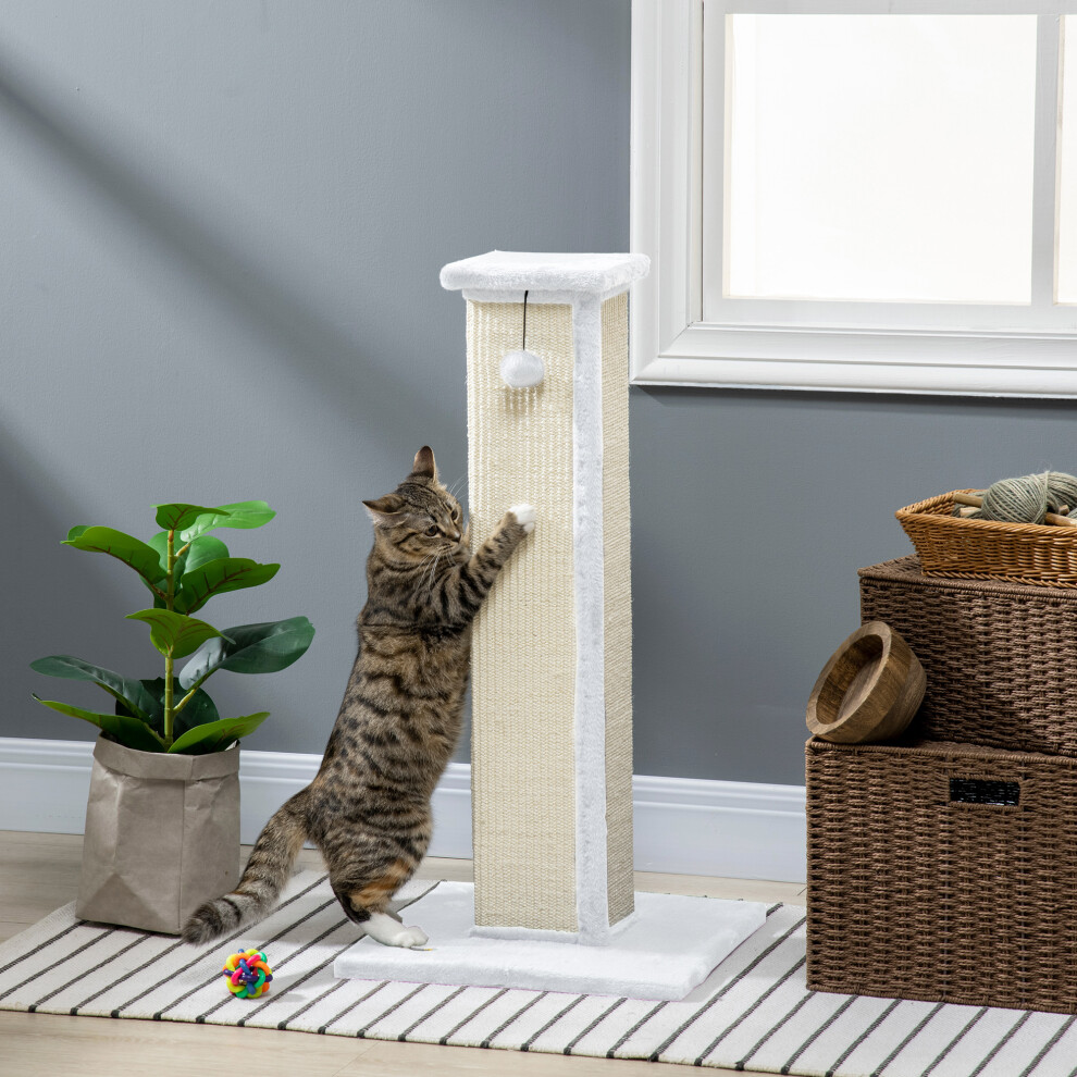 PawHut 81cm Cat Scratching Post w/ Sisal Rope, Hanging Ball Soft Plush White