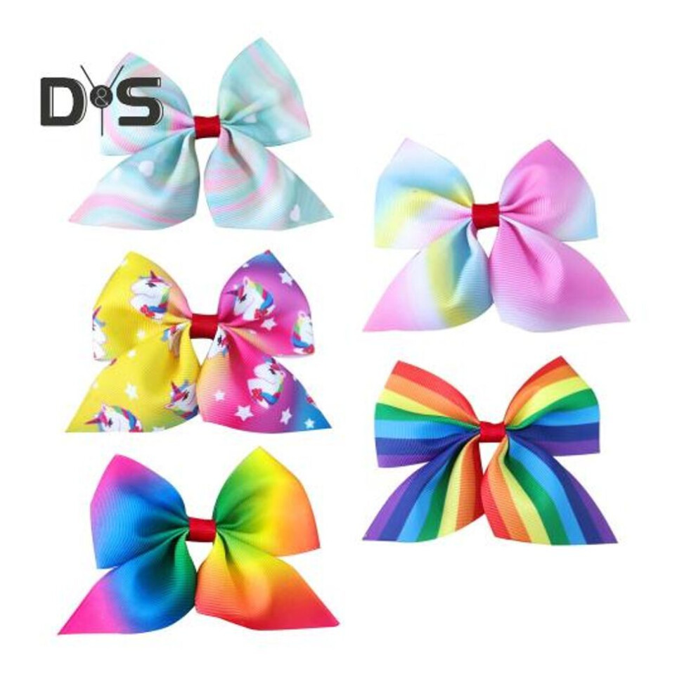 5Pcs Kids Hair Clips Gradient Color Rainbow Striped Bowknot Decor Girl Hair Pins Hair Accessories Back to School Christmas Gift