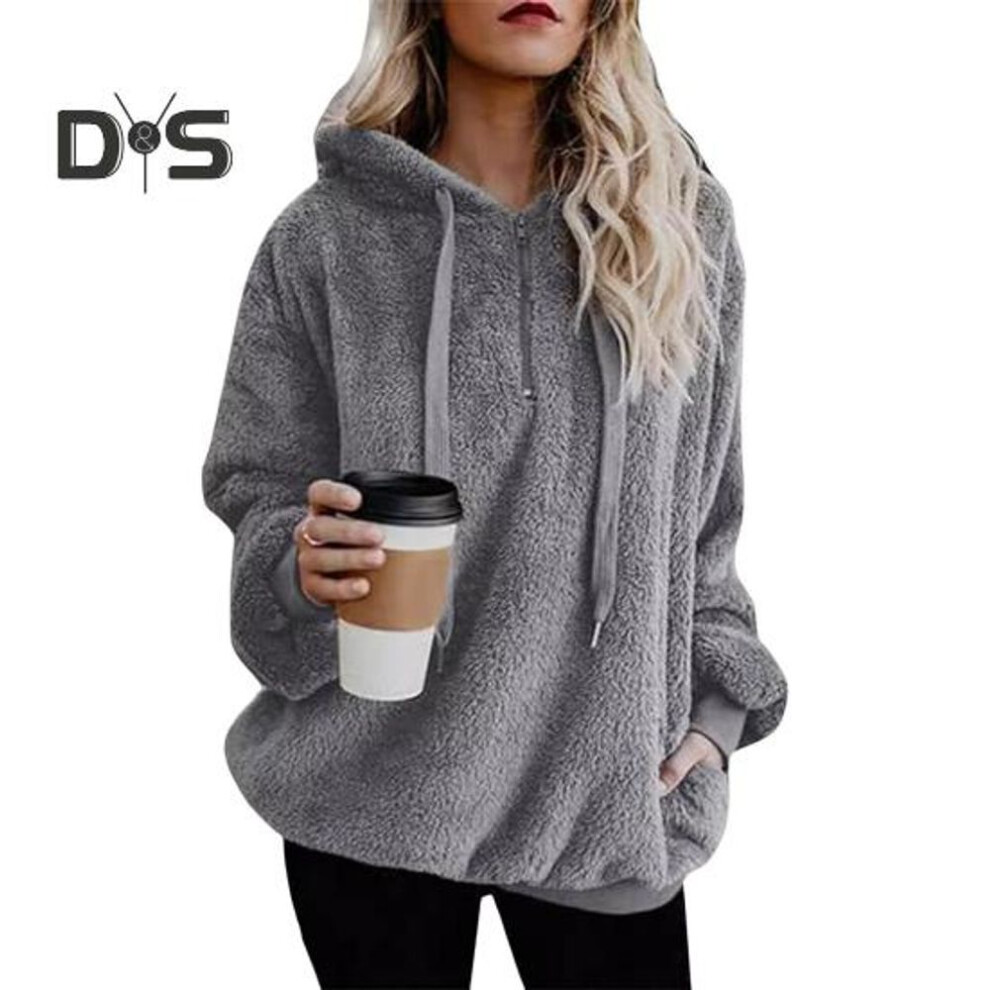 (M, grey) Women's Fuzzy Sherpa Sweatshirt Fluffy Pullover Hoodie Casual Loose Fleece Jumper for Daily Wear Outdoor Activities