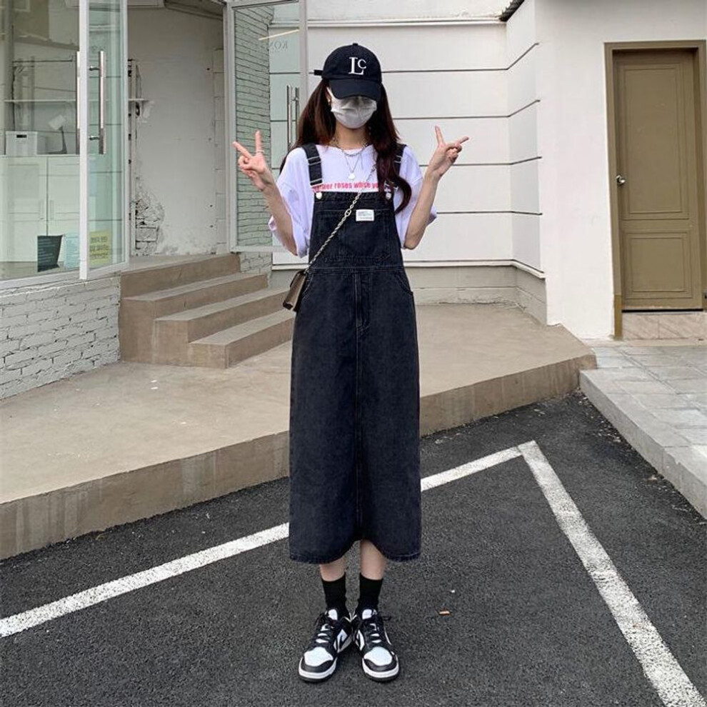 (black, S) Women's Black Retro Denim A-Line Suspender Dress, High Waist, Plus Size, Summer 2022 Collection