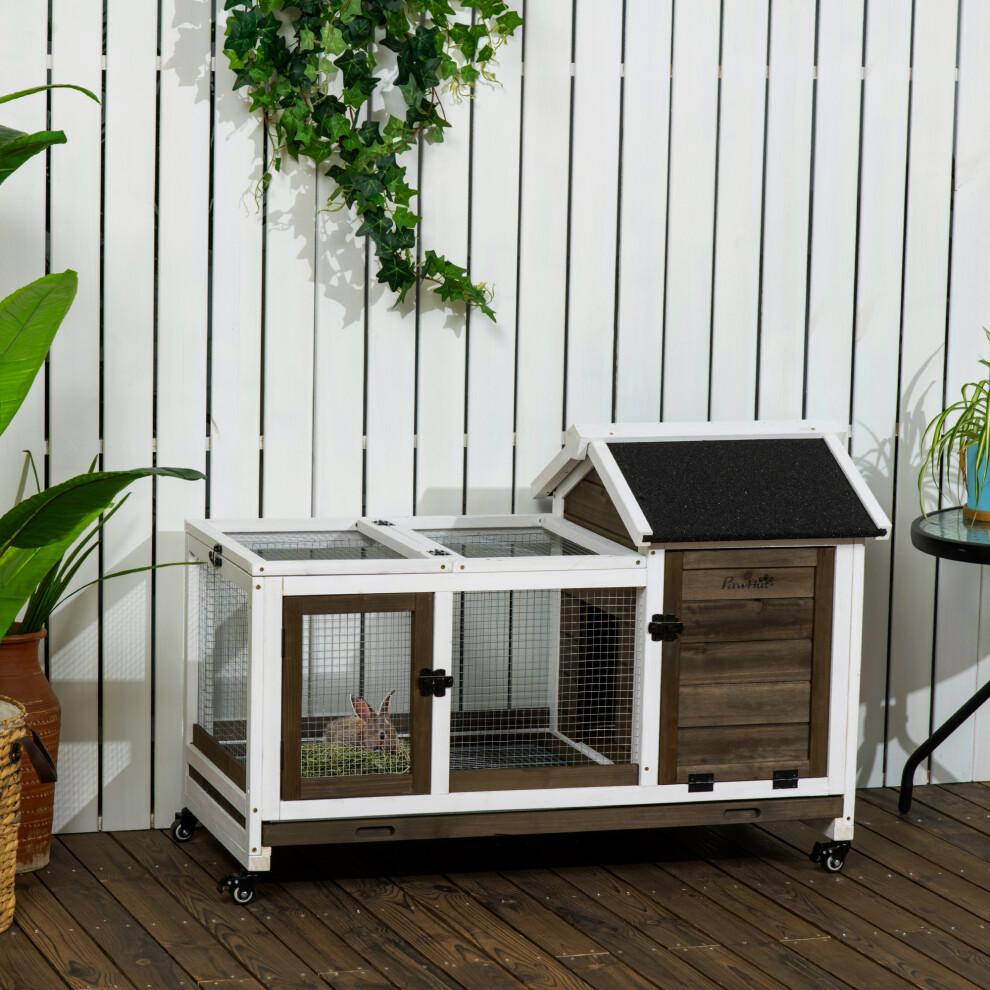 Pawhut Rabbit Hutch, Guinea Pig Cage With Wheels, Outdoor/Indoor, Brown