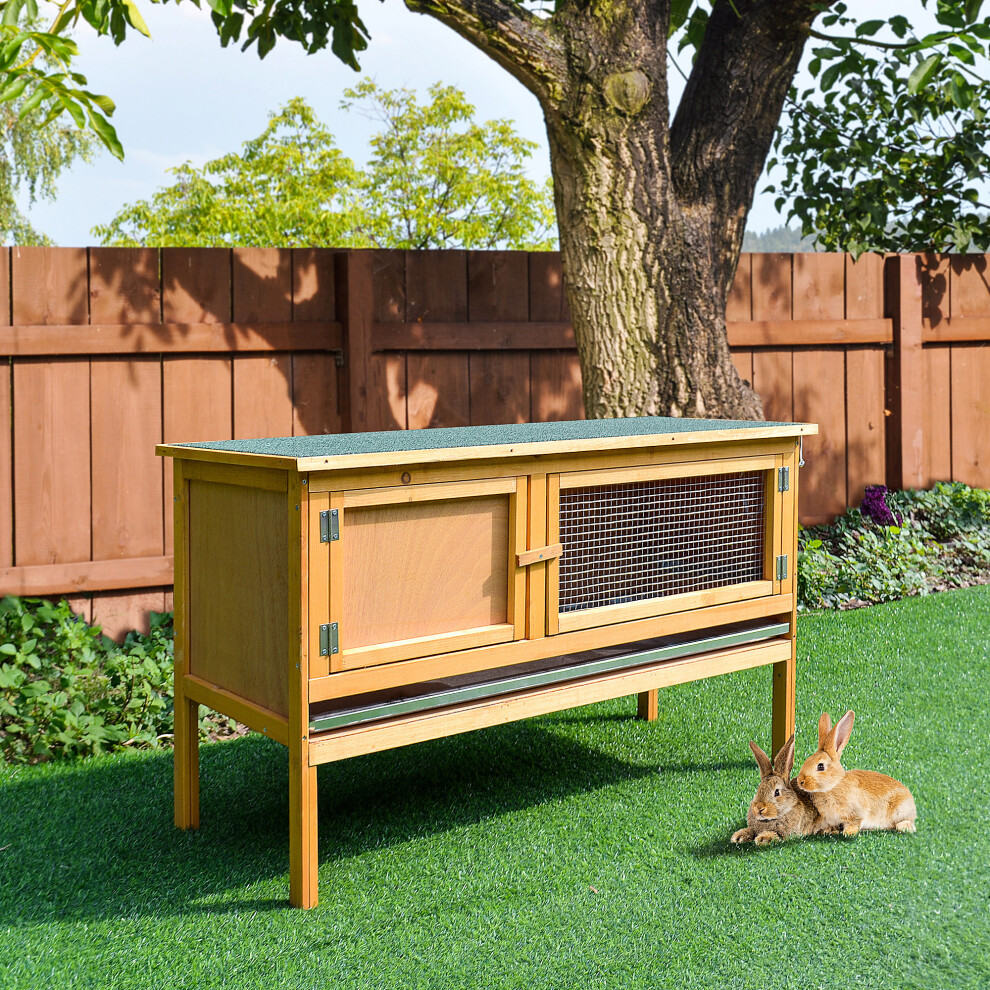 Pawhut Yellow Bunny Abode: Wooden Rabbit Hutch For Guinea Pigs, Outdoor Small Pet Cage With Hinged Top & Slide-Out Tray, Natural - Image 4