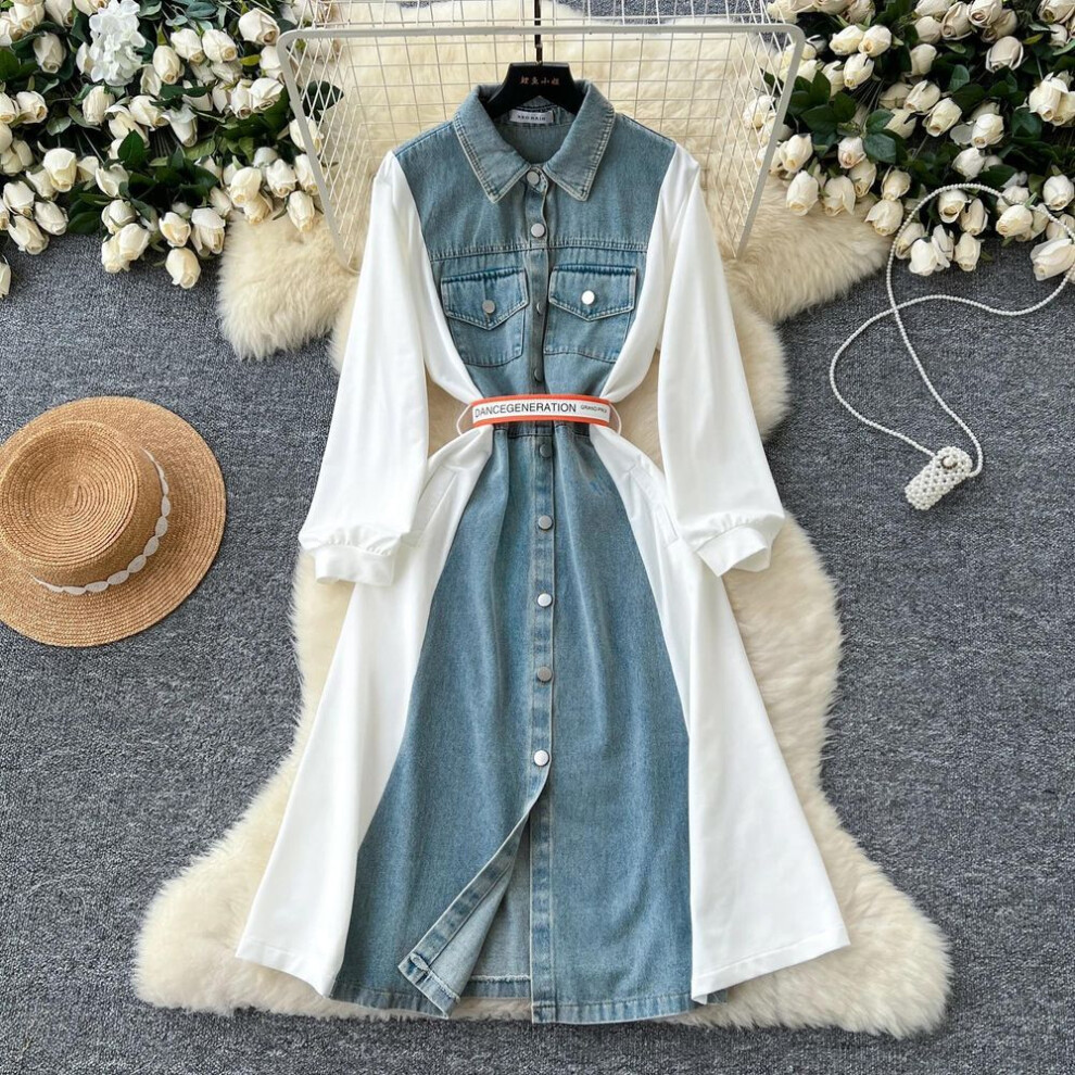 (white, One Size) Vintage Patchwork Single Breasted Chic Lace-up Spliced Blouse Dresses Women Korean Office Lady Slim High Street Autumn Clothing