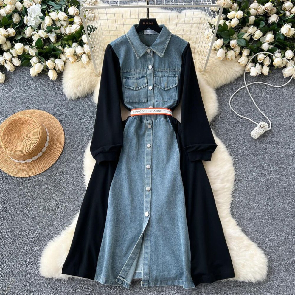 (black, One Size) Vintage Patchwork Single Breasted Chic Lace-up Spliced Blouse Dresses Women Korean Office Lady Slim High Street Autumn Clothing