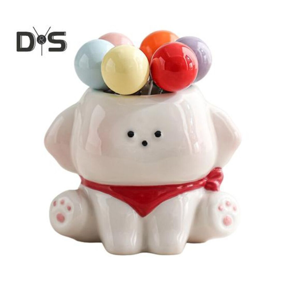 (red) Ceramic Dog Fruit Fork Set Food-Safe Dessert Utensils with Jar Ceramic Can Bento Box Picks Cute Aesthetic Afternoon Tea Party Accessories