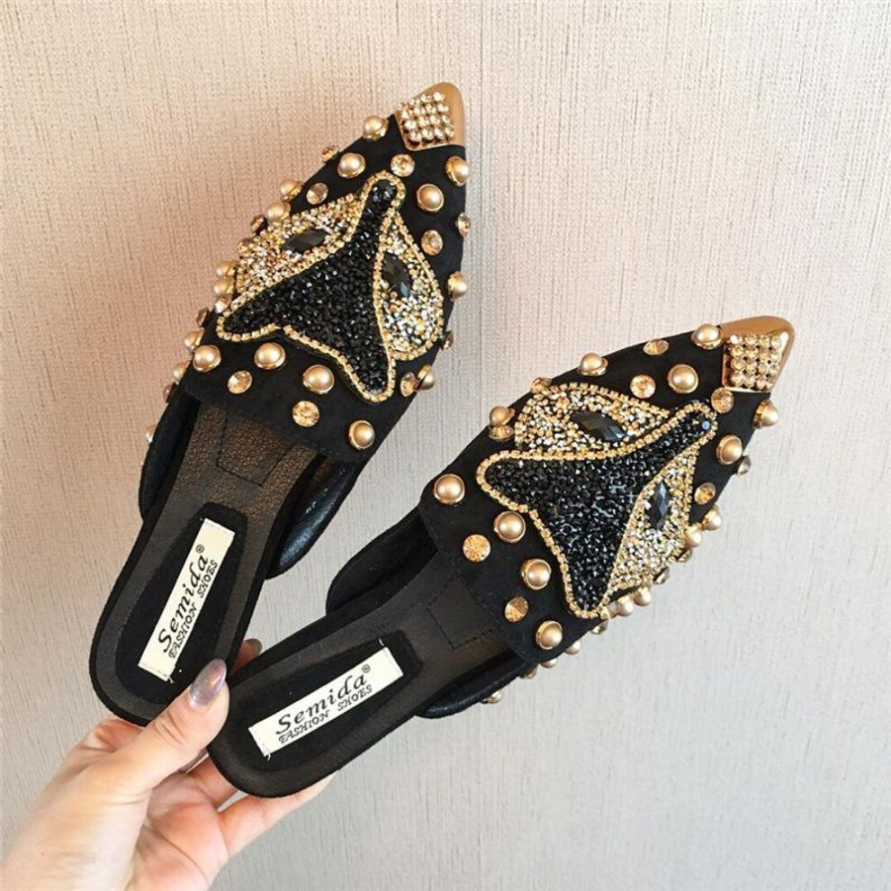 (black, 39) Customized Women's Summer Sandals: Rhinestone Open-Toe Slippers & Versatile Pointed Flats