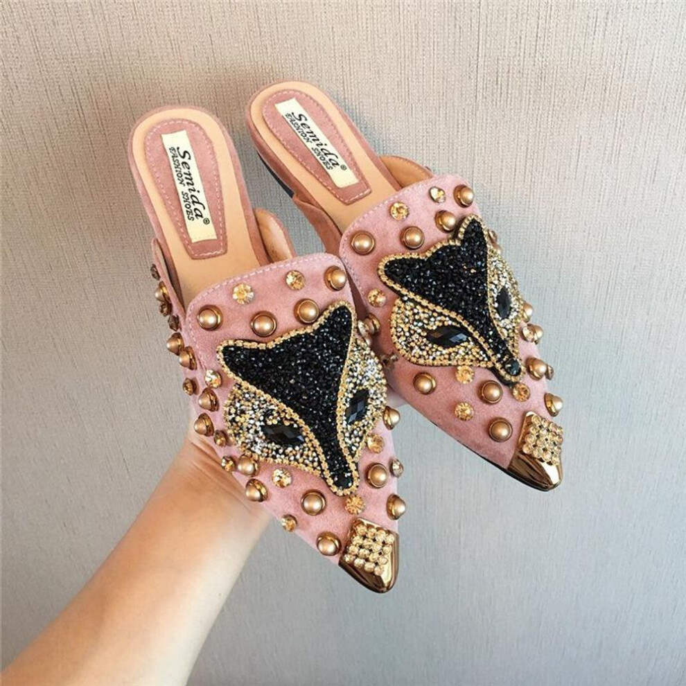 (pink, 39) Customized Women's Summer Sandals: Rhinestone Open-Toe Slippers & Versatile Pointed Flats