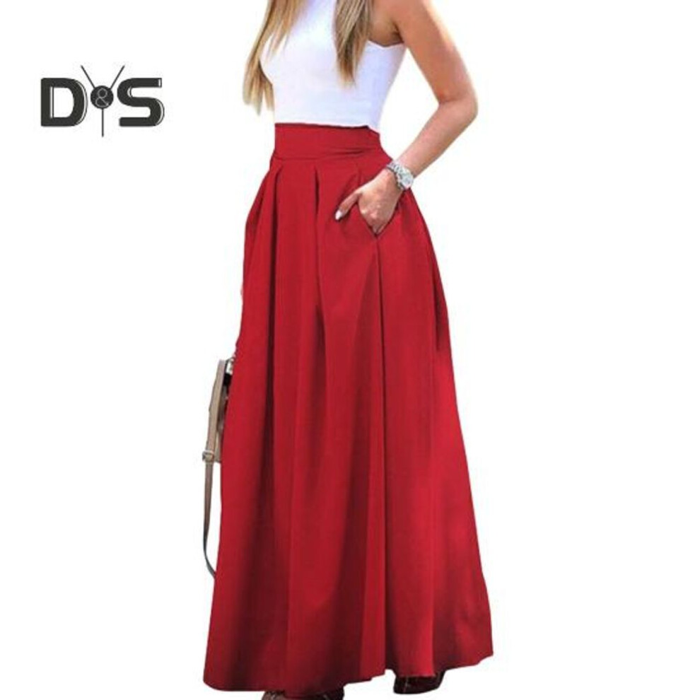 (L, red) Women Maxi Skirt High Waist Breathable Large Hem Long Skirt with Pockets Commuter Style Party Slimming Skirt