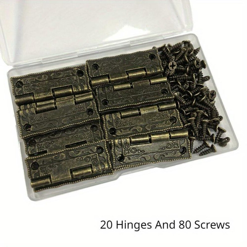 100pcs (20 Hinges And 80 Screws) Antique Bronze Hinges for Cabinet Doors And Drawer Decoration, Vintage Hinges for Jewelry Boxes, Furniture Hardware.