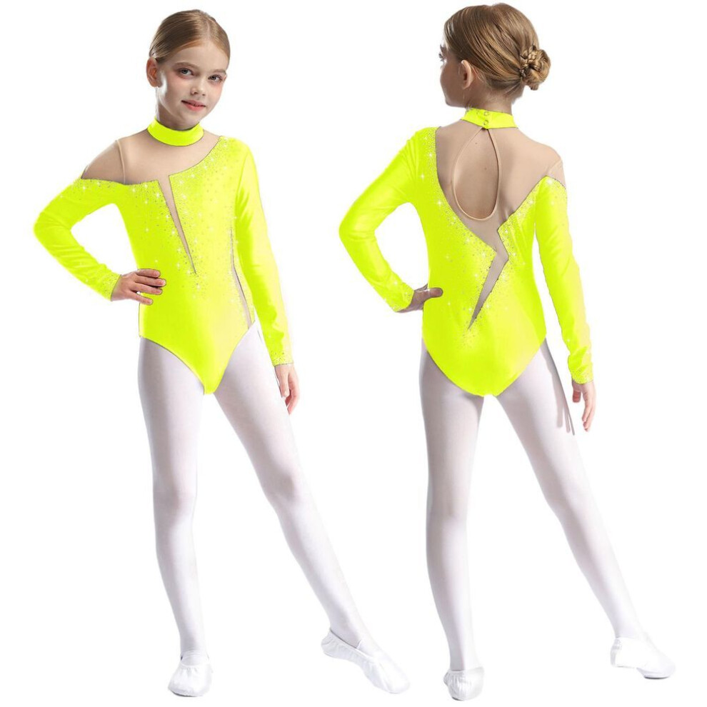(fluorescent yellow, 13-14 Years) Children Girls Figure Skating Performance Costume Long Sleeve Mesh Rhinestone Leotard for Ballet Dance Gymnastics Acrobatics