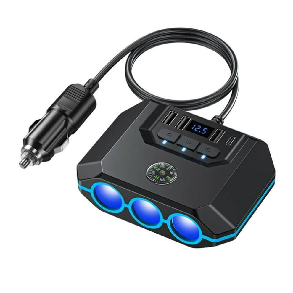 7 In 1 120w High Power Car Charger Socket With Volt Display Compass 12-24v 3 Usb Type C Port Fast Charging Car Power Socket For Dvr