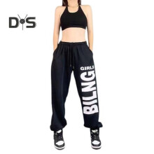 (zwart, XL) Dames Sportbroek Effen Kleur Letterprint Wijde Pijpen Joggingbroek Elastische Taille Verstelbaar