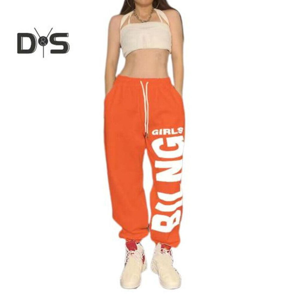 (orange, XXXL) Women Sport Pants Solid Color Letter Print Wide Leg Sweatpants Elastic Waist Adjustable Drawstring Hip Hop Style Dance