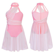 (roze, 10-12 jaar) Meisjes mouwloos lyrisch danspakje met uitgesneden rug, chiffon schaatspakje