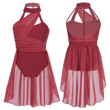 (bordeauxrood, 12-14 jaar) Meisjes mouwloos uitgesneden rug Lyrical Dance Chiffon Leotard Jurk Schaatskostuum