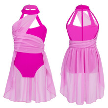 (roze, 12-14 jaar) Meisjes mouwloos uitgesneden rug Lyrical Dance Chiffon Leotard Jurk Schaatskostuum