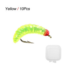 (Amarillo) 10 piezas de moscas de gusano multicolor para pesca de trucha, moscas húmedas, cebo de gusano
