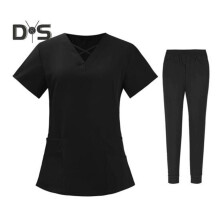 (schwarz, L) 2-teiliges Set Unisex-Krankenhausuniform-Set mit V-Ausschnitt, kurzen Ärmeln, Taschen,