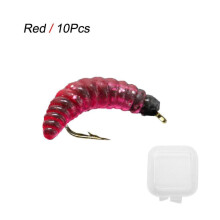 (Rojo) 10 piezas de moscas de gusano multicolor para pesca de trucha, moscas húmedas, cebo de gusano