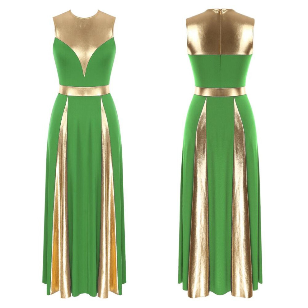 (vert, M) Robe de danse liturgique de louange métallisée pour femme Costume de danse lyrique sans manches Vêtements de danse de louange