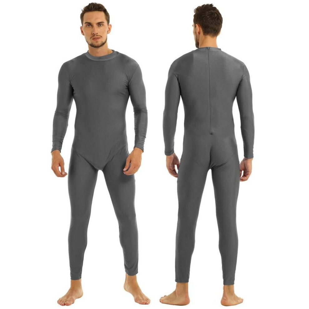 (gris, moyen) Body une pièce pour hommes, col roulé Spandex, manches longues, justaucorps de danse