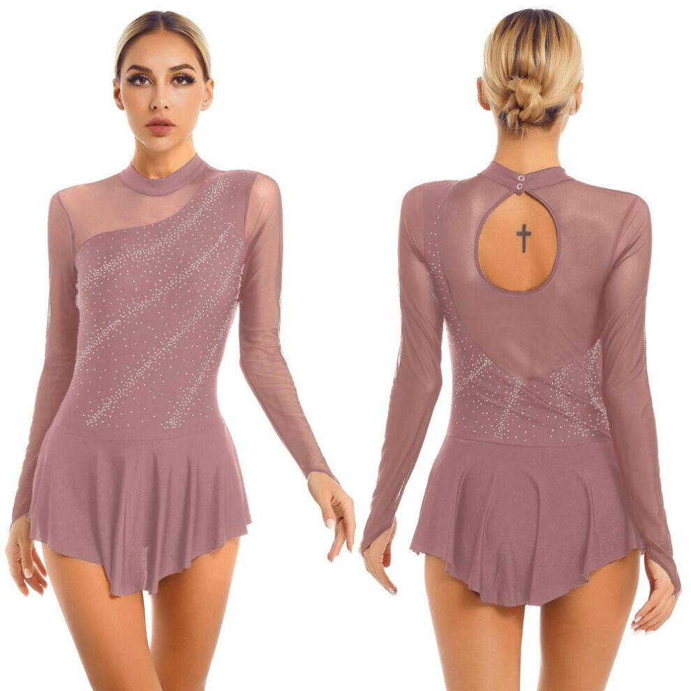 (dust storm, L) Womens Figure Skating Dance Dresses Rhinestone Sheer Mesh Patchwork Long Sleeve Leotard Dress