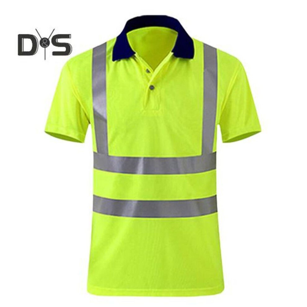 (fluorescent yellow, S) High Visibility Safety T-shirt Button Lapel Tee Shirt With Reflective Tape Quick-dry Breathable Workwear Security