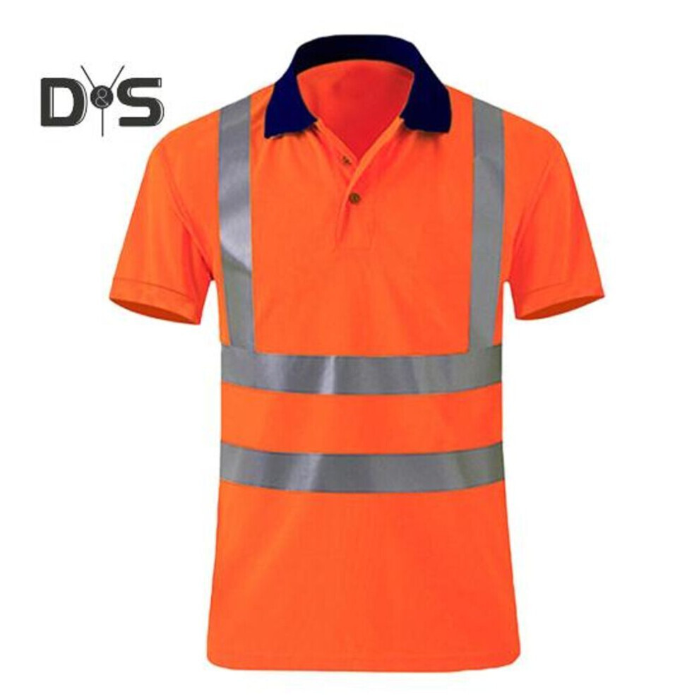 (orange, S) High Visibility Safety T-shirt Button Lapel Tee Shirt With Reflective Tape Quick-dry Breathable Workwear Security Top