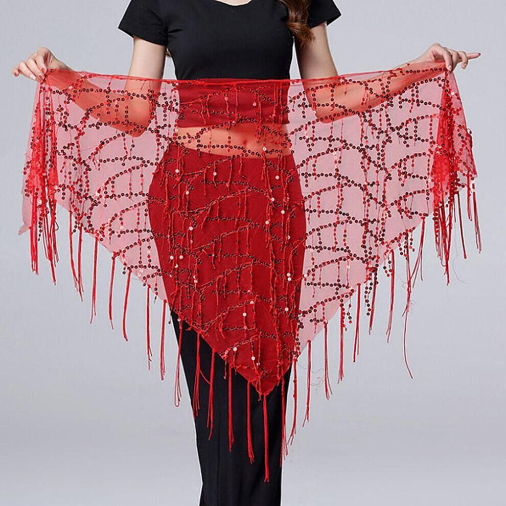 (rouge) Foulard triangulaire pour femmes Costumes de danse orientale Ceinture de danse orientale Gland paillettes Foulard de hanche