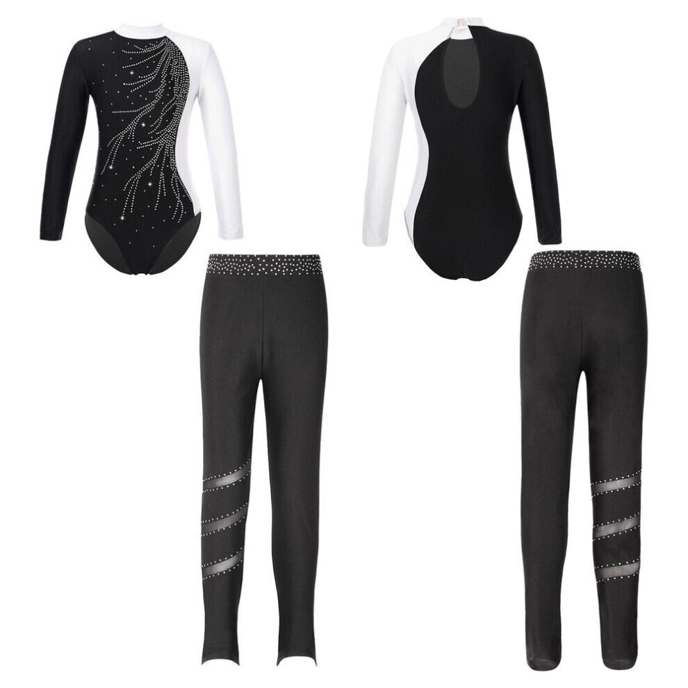 (blanc,noir, 7-8 Years) Kids Girls Children Skating Gymnastics Long Sleeve Leotards With Leggings For Dance Training Wear