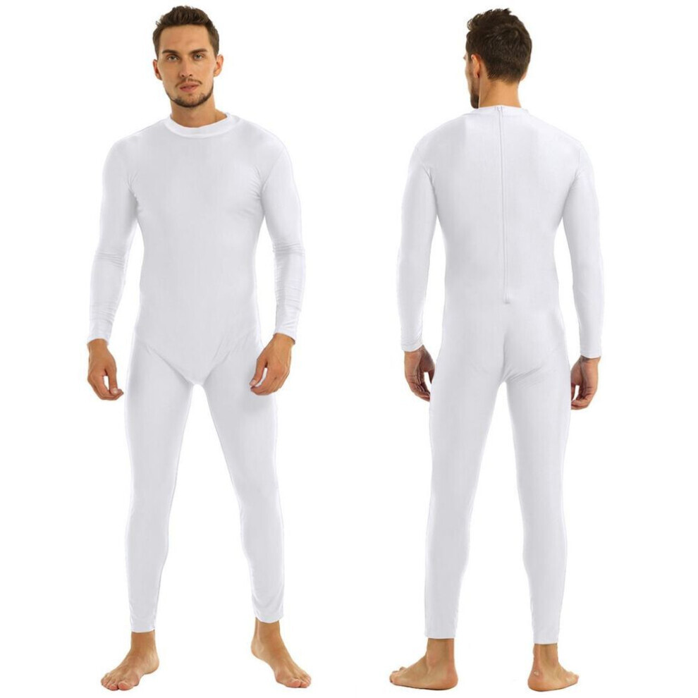 (blanc, X-Large) Body une pièce pour homme, col roulé, manches longues, justaucorps en spandex, vêtement de danse