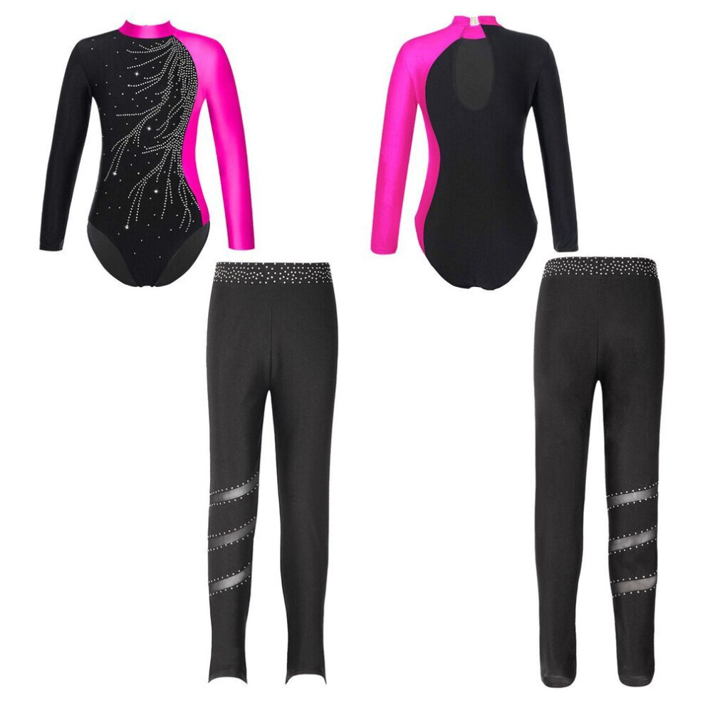 (rose, noir, 11-12 Years) Kids Girls Children Skating Gymnastics Leotards Long Sleeve With Leggings For Dance Training Wear