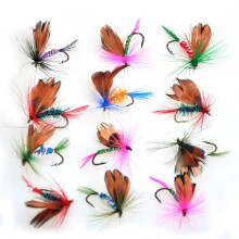 Kit de 12 moscas secas y húmedas para pesca con mosca, para lubina, salmón, trucha y moscas flotantes.