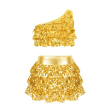 (goud, 9-10 jaar) Meisjes met pailletten en metallic crop top met rok, set Jazz Latin dansoutfits, 2-delige
