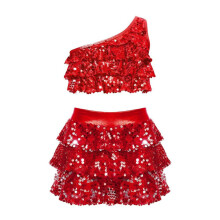 (rood, 11-12 jaar) Meisjes met pailletten en metallic crop top met rok, set Jazz Latin dansoutfits,