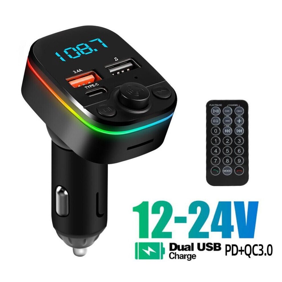 (Avec télécommande) 3in1 Car Bluetooth 5.0 Fm Transmitter Mp3 Player 3.4a Dual Port Usb +type C Pd Fast Charger With Remote Control