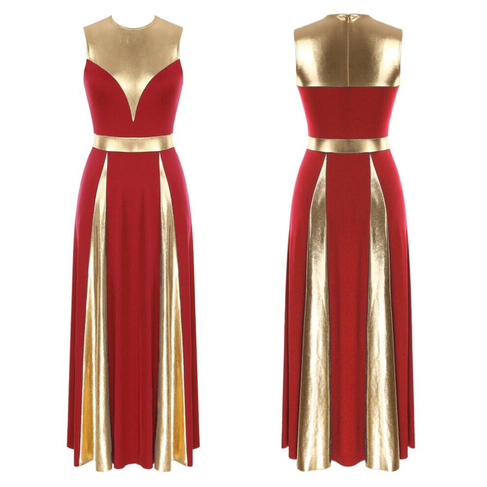 (rouge, XL) Robe de danse liturgique de louange métallisée pour femme Costume de danse lyrique sans manches Vêtements de danse de louange