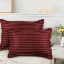 (Stripe Pillowcases Pair, Burgundy) Hotel Quality Stripe Duvet Cover Luxury 4-Piece Complete Bedding Set Quilt Cover With Fitted Sheet & Pillowcases