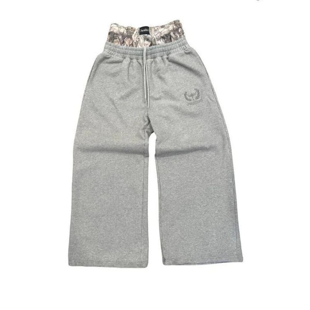 (grey, M) Y2k Retro Sweatpants Double Waisted Embroidered Camouflage Pattern Wide Leg Pants Casual Streetwear Unisex Baggy Pants