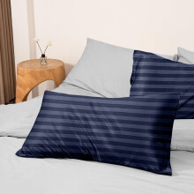 (Stripe Pillowcases Pair, Navy) Hotel Quality Stripe Duvet Cover Luxury 4-Piece Complete Bedding Set Quilt Cover With Fitted Sheet & Pillowcases