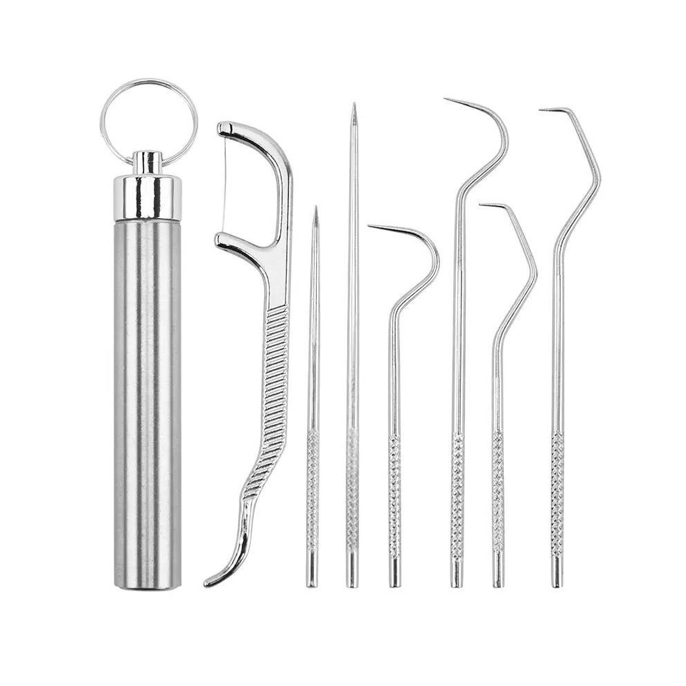 (Silver, one-size) Stainless Steel Toothpick Pocket Set, Teeth Cleaning Kit Keychain Design, Metal Toothpicks Oral Care Hygiene Products