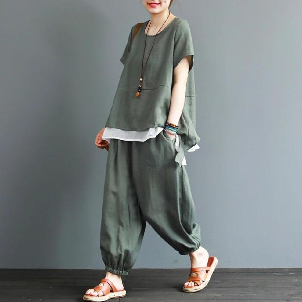 (green, XL) Women's Summer Loose Cotton and Linen Suit Short-sleeved T Shirt + Nine Points Haren Pants Two-piece Set