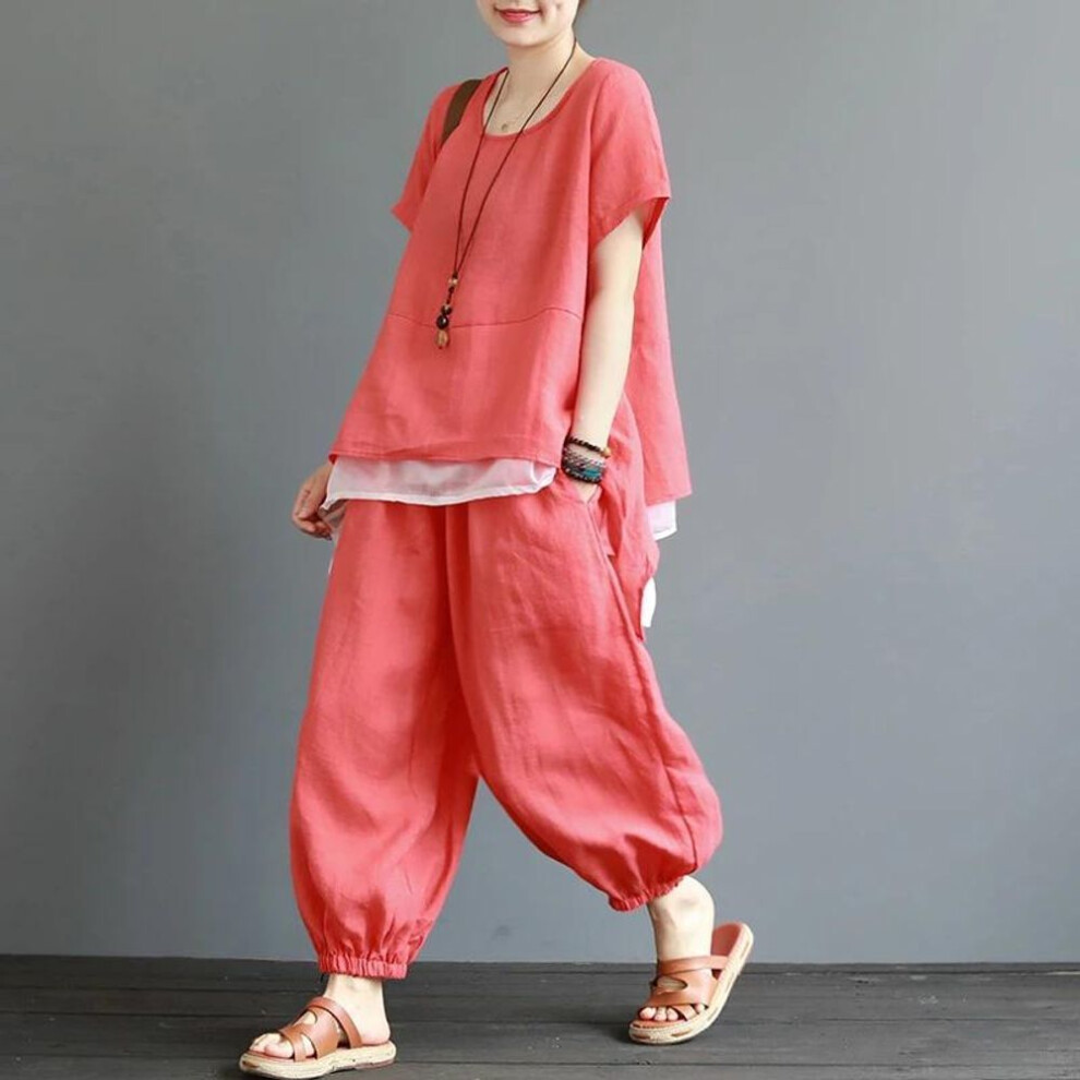 (red, L) Women's Summer Loose Cotton and Linen Suit Short-sleeved T Shirt + Nine Points Haren Pants Two-piece Set