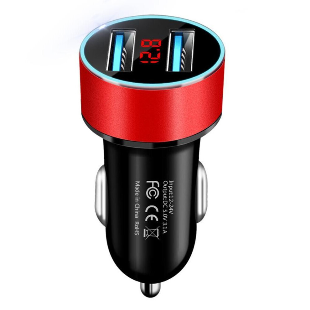 (rouge) Chargeur Rapide 3.1a Double Port Usb Ecran Lcd pour Téléphone Portable de Voiture