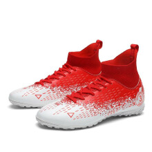 (red, 38) 32-48 Football Boots Men's High-givey Elastic Socks Port, Leather Rubber Base Art Lawn Short Nail Football Shoes Children
