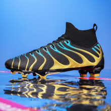 (black,gold, 35) Men's High-top Football Boots Large Size Long Nails Leather Boys Soccer Shoes Nailing Anti -slip Football Boots