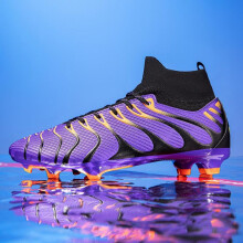 (black,purple, 38) Men's High-top Football Boots Large Size Long Nails Leather Boys Soccer Shoes Nailing Anti -slip Football Boots