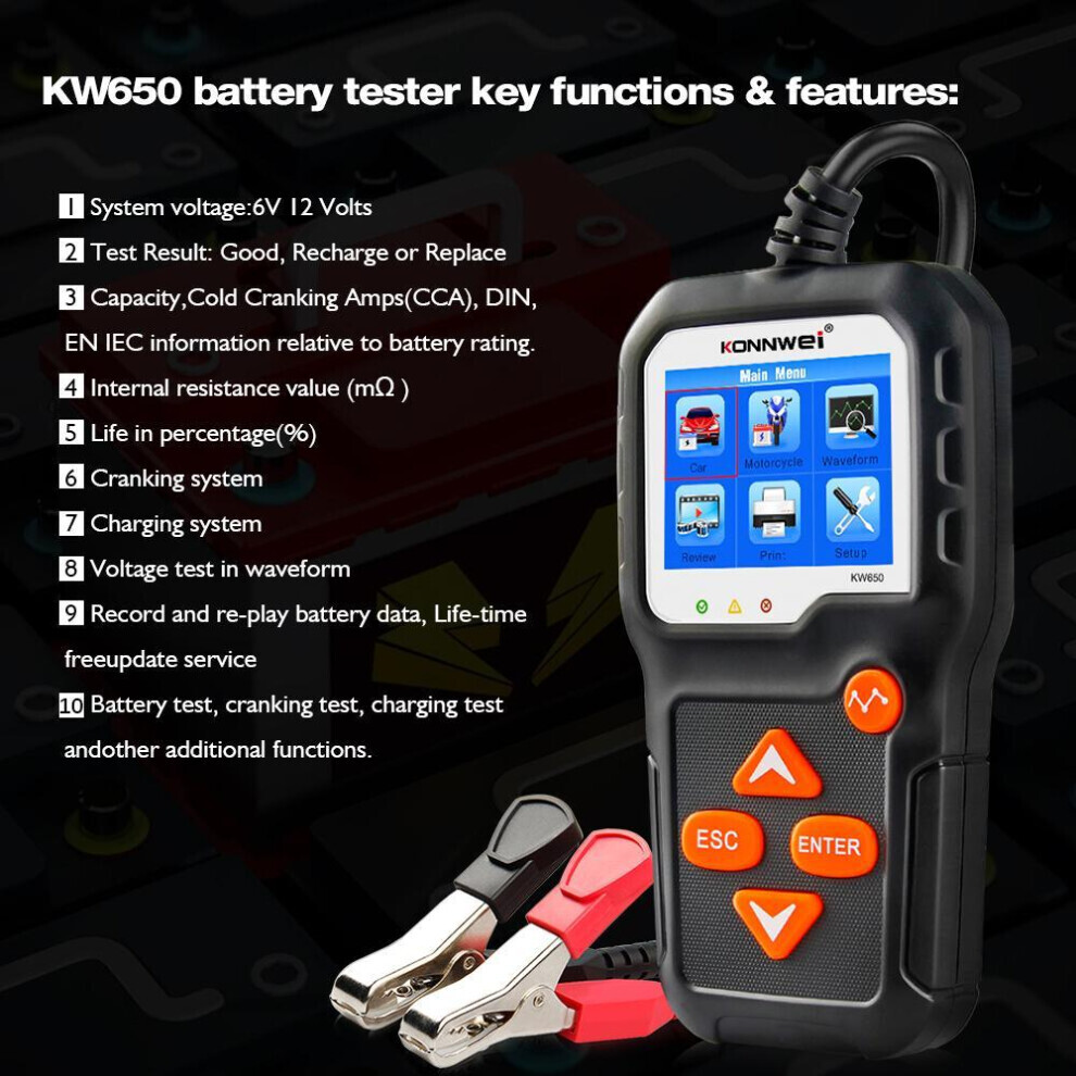 Testeur de batterie voiture moto 12v 6v Kw650 Analyseur de système de batterie 2000cca Chargement Test de démarrage Outil de diagnostic