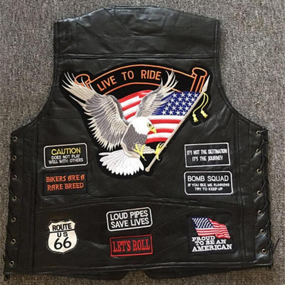 (noir, XXL) Veste en cuir classique pour homme Gilet de moto Gilet d'équitation en peau de mouton + 14 badges brodés